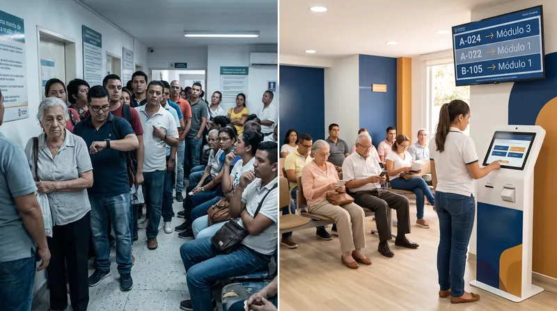 A la izquierda, una fila desordenada y gente molesta; a la derecha, la misma sala con la gente sentada mirando la pantalla de turnos.