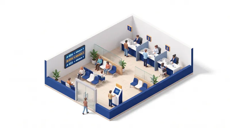 Plano de una sala de atención con el kiosco en la entrada, la sala de espera, la pantalla y tres módulos.