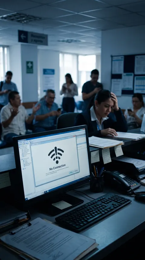 Una recepcionista se agarra la cabeza frente a un computador sin conexión mientras la gente reclama.